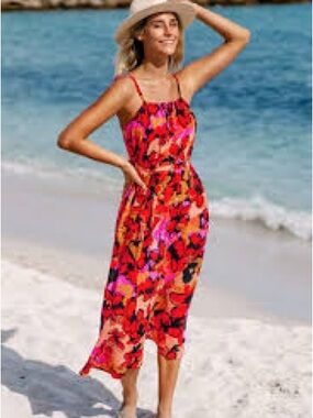 Cupshe Vibrant Red Floral Maxi Sundress NWT